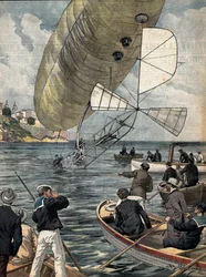 BELTRAME, Achilles (1871-1945). BELTRAME, Aquiles (1871-1945); SANTOS DUMONT, Alberto (1873-1932). Pioneiro da aviação brasileira. O dirigível de Alberto Santos Dumont cai no mar antes do Cassino de Monte Carlo. Foto de Achille Beltrame para "La