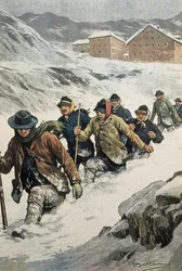BELTRAME, Achilles (1871-1945). Trabalhadores italianos atravessando o Passo de São Bernardo entre Aosta e a Suíça. Capa da "La Domenica del Corriere". 02/14/1904. Litografia.