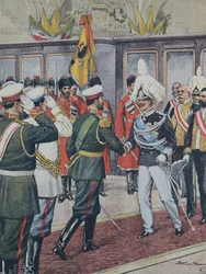 BELTRAME, Achilles (1871-1945). Victor Emmanuel III (1869-1947). Rei da Itália (1900-1946); Nicolau II. Czar da Rússia (1894-1917). RÚSSIA. O czar recebe o rei Victorio Emanuele III da Itália em Peterhof. A. Ilustração de Beltrame. La Domenica del C