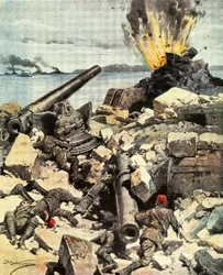 Batalha de Dardanelles, frota anglo-francesa destrói fortalezas de Dardanelles para romper o Estreito e chegar a Constantinopla, por Achille Beltrame (1871-1945), ilustração de La Domenica del Corriere, 14-21 de março