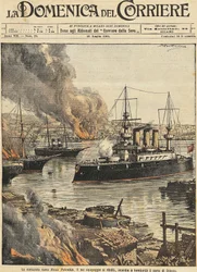 Batalha naval Potemkin bombardeando Odessa, de Achille Beltrame, ilustração, Ilustrador Achille Beltrame (1871-1945), de La Domenica del Corriere