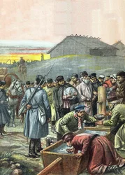 Comboio de prisioneiros políticos russos deportados em trânsito para o exílio na Sibéria, ilustração da revista "La Tribuna Illustrata", 4 de agosto de 1907