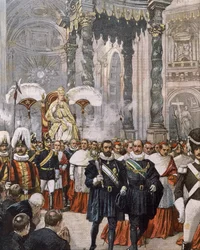 Coroação do papa Pio X na Basílica de São Pedro, Vaticano, ilustração de Achille Beltrame de La Domenica del Corriere