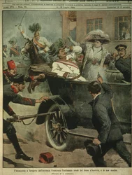 Ilustração de capa do assassinato do arquiduque Francisco Fernando da Áustria, herdeiro do trono austro-húngaro, Sarajevo