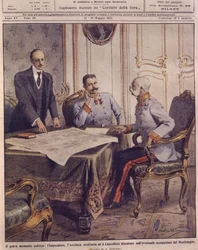 Ilustração de capa do imperador da Áustria a discutir a possível ocupação do Montenegro