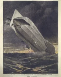 Ilustração da capa do cruzador alemão sendo varrido pelo furacão perto da ilha de Heligoland