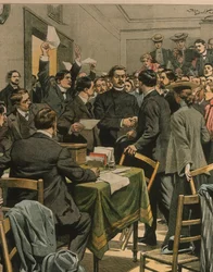 Ilustração da capa da chegada de Maxim Gorkys à reunião dos revolucionários russos; Londres, Inglaterra