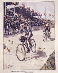 Ilustração da capa da chegada dos cavaleiros do Tour de France, com o vencedor Petit-Breton; Paris, França
