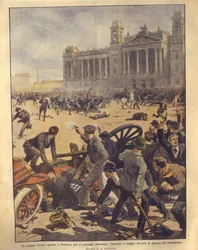 Ilustração da capa da luta na Praça do Parlamento durante a rebelião de Budapeste
