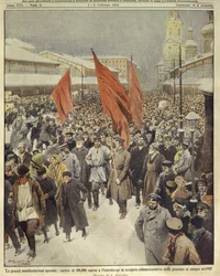 Ilustração da capa de cem mil trabalhadores marchando para comemorar o Domingo Sangrento de 1905; São Petersburgo, Rússia