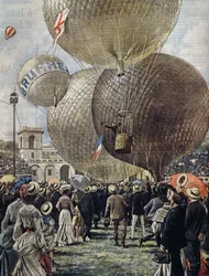 Partida de balão de ar quente no Salão Aéreo de Milão, ilustração de Achille Beltrame de La Domenica del Corriere, 19 de junho