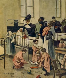 Distribuição de presentes de Natal a crianças pobres no hospital, por Achille Beltrame, ilustração, Ilustrador Achille Beltrame (1871-1945), de La Domenica del Corriere, 23 de novembro de 1900