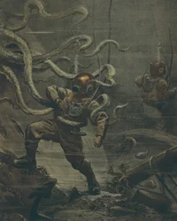 Mergulhador sendo atacado por polvo gigante durante o mergulho, por Achille Beltrame, ilustração, Ilustrador Achille Beltrame (1871-1945), de La Domenica del Corriere, 25 de outubro de 1908