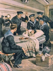 Terremoto em Messina, criança sendo salva pela marinha das ruínas e transportada por navio, por Achille Beltrame, ilustração, Ilustrador Achille Beltrame (1871-1945), de La Domenica del Corriere, 28 de dezembro de 1908