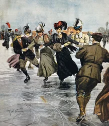 En vogue pastimes, patinação no gelo, ilustração de Achille Beltrame (1871-1945), de La Domenica del Corriere, 27 de janeiro