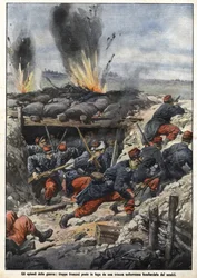 Episódio da Guerra de 1914: Tropas francesas nas trincheiras são bombardeadas por inimigos. "La Domenica del Corriere"