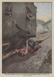 Heroismos negros, guardas ferroviários que seguram um viajante suspenso e resgatado em um trem em funcionamento