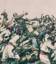 Ataque etíope à guarnição de Lugh e morte do capitão Bongiovanni, por Achille Beltrame, ilustração, Achille Beltrame (1871-1945), de La Domenica del Corriere