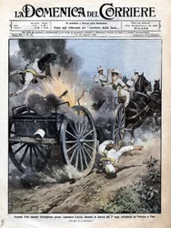 Explosão de uma caixa de artilharia perto de Capannori (Lucca) durante a transferência do 7º regimento de artilharia de Volterra para Pisa. Ilustração de Beltrame. "La Domenica del corriere". 15-23/08/1909.