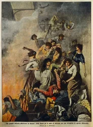 Incêndio em grande fábrica têxtil americana: trabalhadores em escadas, ilustração de Achille Beltrame (1871-1945), de La Domenica del Corriere, 10 de agosto