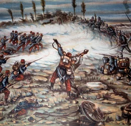 Primeira Guerra Mundial (1914-1918): uma batalha entre as forças armadas francesas e alemãs entre Altkirch e Mulhouse em 21/08/1914. Ilustração de Achille Beltrame (1871-1945). Coleção particular