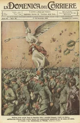 Primeira Guerra Mundial 1918 - A Itália na guerra. Dia da Vitória. Na hora da glória. Depois de uma luta titânica, os imensos sacrifícios, as mortes, as tempestades, o Exército da Itália, as heróicas legiões romanas que lutaram pela causa dos mais santos, 