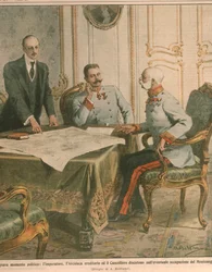 Francisco José I, imperador da Áustria, a discutir a ocupação do Montenegro, ilustração de capa de La Domenica del Corriere