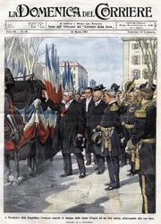O presidente francês Armand Fallieres (1841 - 1931) apresenta a medalha da Legião de Honra a um herói que morreu em batalha. Ill. de Beltrame. La Domenica del Corriere. 31-03-1907.