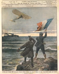 O aviador francês Louis Bleriot, primeira pessoa a atravessar o Canal da Mancha, celebrações na costa inglesa, 25 de julho