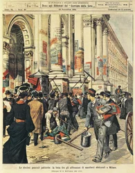 Eleições gerais em Milão: confrontos entre pessoas pendurando cartazes políticos em Milão, por Achille Beltrame (1871-1945), de La Domenica del Corriere