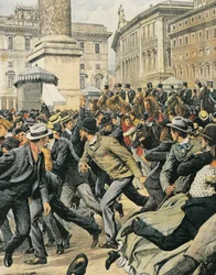 Greve geral dos trabalhadores em Roma, por Achille Beltrame, ilustração, Ilustrador Achille Beltrame (1871-1945), de La Domenica del Corriere