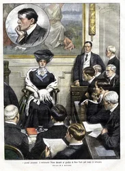 O julgamento de Harry Thaw em Nova Iorque em 1907. Harry Thaw, filho de uma família de grandes industriais, matou em 1906 o arquitecto Stanford White, antigo amante da sua mulher Evelyn. Capa da Domenica del Corriere de 3 de março de 1907, ilustração de