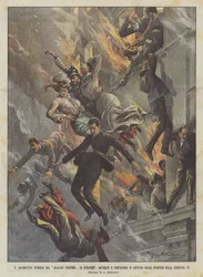 O fogo dramático do Magasin Parisien de Budapeste, funcionários e compradores estão jogando