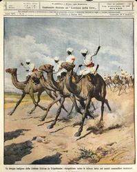 Tropas indígenas da Colônia Eritreia em Tripolitania, ilustrador Achille Beltrame (1871-1945), de La Domenica del Corriere, 25 de fevereiro de 1912