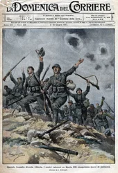 O exército italiano venceu as tropas austro-húngaras nas montanhas Karst, na Eslovênia. Os italianos progrediram assim em direção a Trieste. Ill. de Beltrame. La Domenica del Corriere. 06/1917.