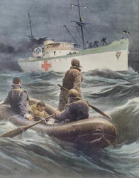 Navio hospitalar italiano levando feridos a bordo, por Achille Beltrame, ilustração, Ilustrador Achille Beltrame (1871-1945), de La Domenica del Corriere, 23 de março de 1941