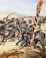 Soldados italianos atravessando a fronteira austríaca, por Achille Beltrame (1871-1945), ilustração de La Domenica del Corriere, junho de 1915