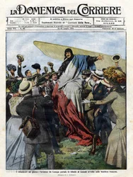 Jacques de Lesseps (1883-1927) à sua chegada ao Canadá em 1910. Ilustração de Achille Beltrame para a "Domenica del Corriere" de 24 de julho