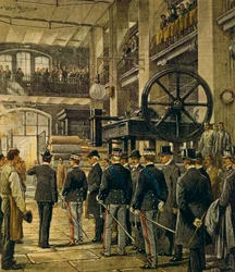 Rei Vittorio Emanuele III visita fábricas em Milão, por Achille Beltrame (1871-1945), de La Domenica del Corriere, 8 de outubro de 1905