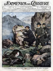 Rei de Itália Victor Emmanuel III (Victor-Emmanuel) (Vittorio Emanuele) com o Príncipe Alberto I do Mónaco caçam o ibex. cobertura da domenica del corriere de 14 de Agosto de 1910