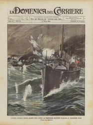 A última batalha naval na frente de Arturo, torpedos japoneses atacam barcos de torpedos russos