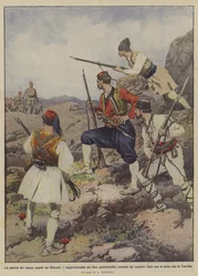 A guerra dos cinco povos nos Balcãs, os representantes em seus costumes característicos do