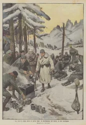 A vida no campo atrás das linhas de frente, a distribuição de rações, nas altas montanhas