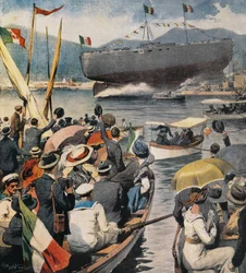 Lançamento do navio de guerra Andrea Doria do Arsenale em La Spezia, painel de Achille Beltrame (1871-1945), La Domenica del Corriere, 6 de abril