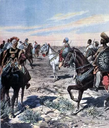 Capitão Mozzetti no acampamento de Ras Makonnen (Mekonnen Welde Mikael) (Abba Qagnew) (1852-1906) na Etiópia. Ilustração de Beltrame. La Domenica del corriere. 1899.