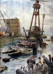 O navio de guerra alemão Hindenburg, afundado no Scapa Flow na Escócia, voltou à superfície graças à frota inglesa após 7 anos passados no fundo dos oceanos. Ilustração de Beltrame. La Domenica del corriere