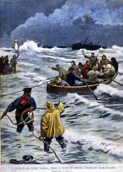 O afundamento do vaporizador Planier perto da boca do Ródano: a equipe de resgate traz de volta os passageiros. Ilustração de Beltrame. La Domenica del corriere. 1901.