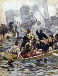 Dramas marítimos: o naufrágio do navio a vapor Wallawalla carregado com buscadores de ouro do Klondike. Ilustração de Beltrame. La Domenica del corriere. 1902