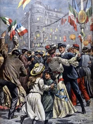 Os governantes da Itália em Paris: os bailes populares nas ruas. Ilustração de Beltrame. La Domenica del corriere. 1903.