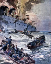 O incêndio do navio a vapor Vittoria em Alicante. Ilustração de Beltrame. La Domenica del corriere. 1899.